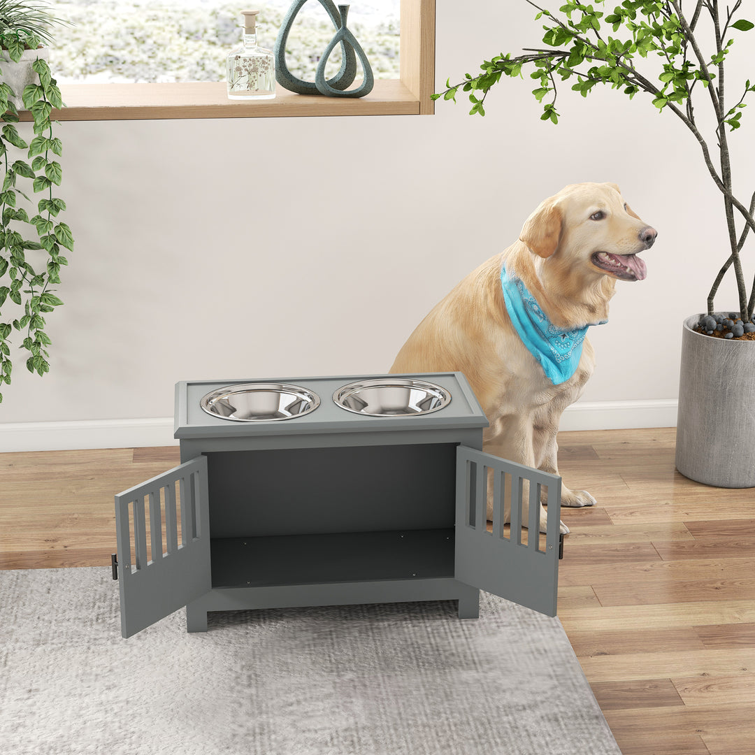 PawHut Elevated Dog Bowls for Large Breeds, Pet Feeder Station with Storage, Secure Doors, Dual Stainless Steel Bowls, Grey | Aosom UK