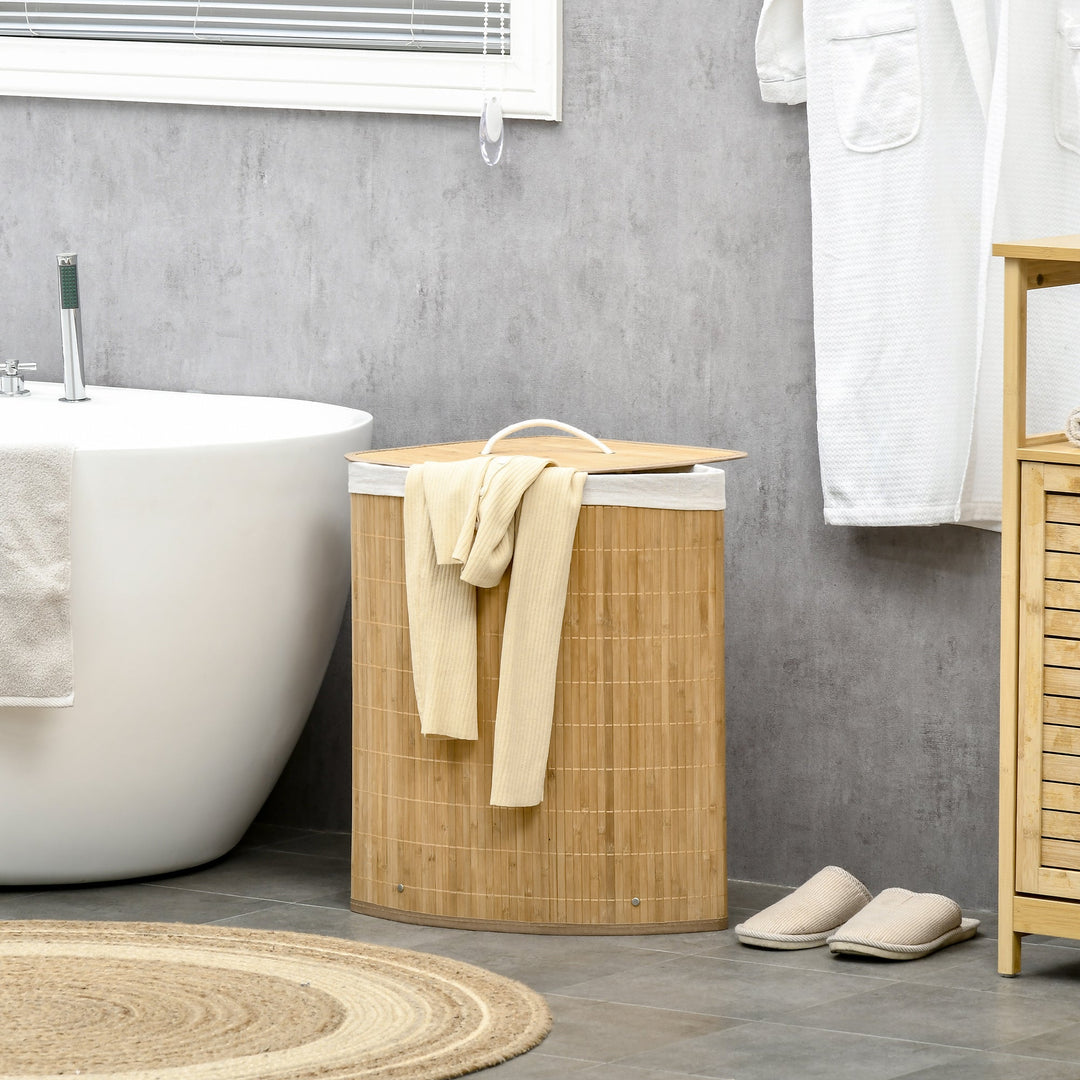 Bamboo Laundry Basket with Lid, 55 Litres Laundry Hamper with Removable Washable Lining, Corner Washing Baskets, 38 x 38 x 57cm