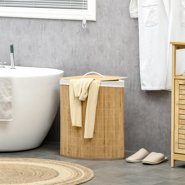 Bamboo Laundry Basket with Lid, 55 Litres Laundry Hamper with Removable Washable Lining, Corner Washing Baskets, 38 x 38 x 57cm