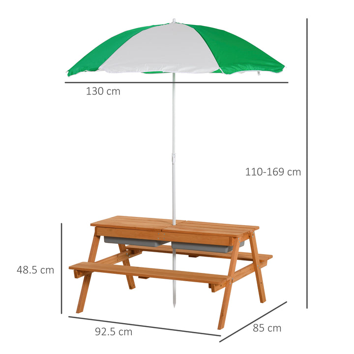 MCL Kids Picnic Table with Benches, Wooden Sand and Water Table, Adjustable Parasol, Storage Bins, for Kids 3-6 Years, Brown