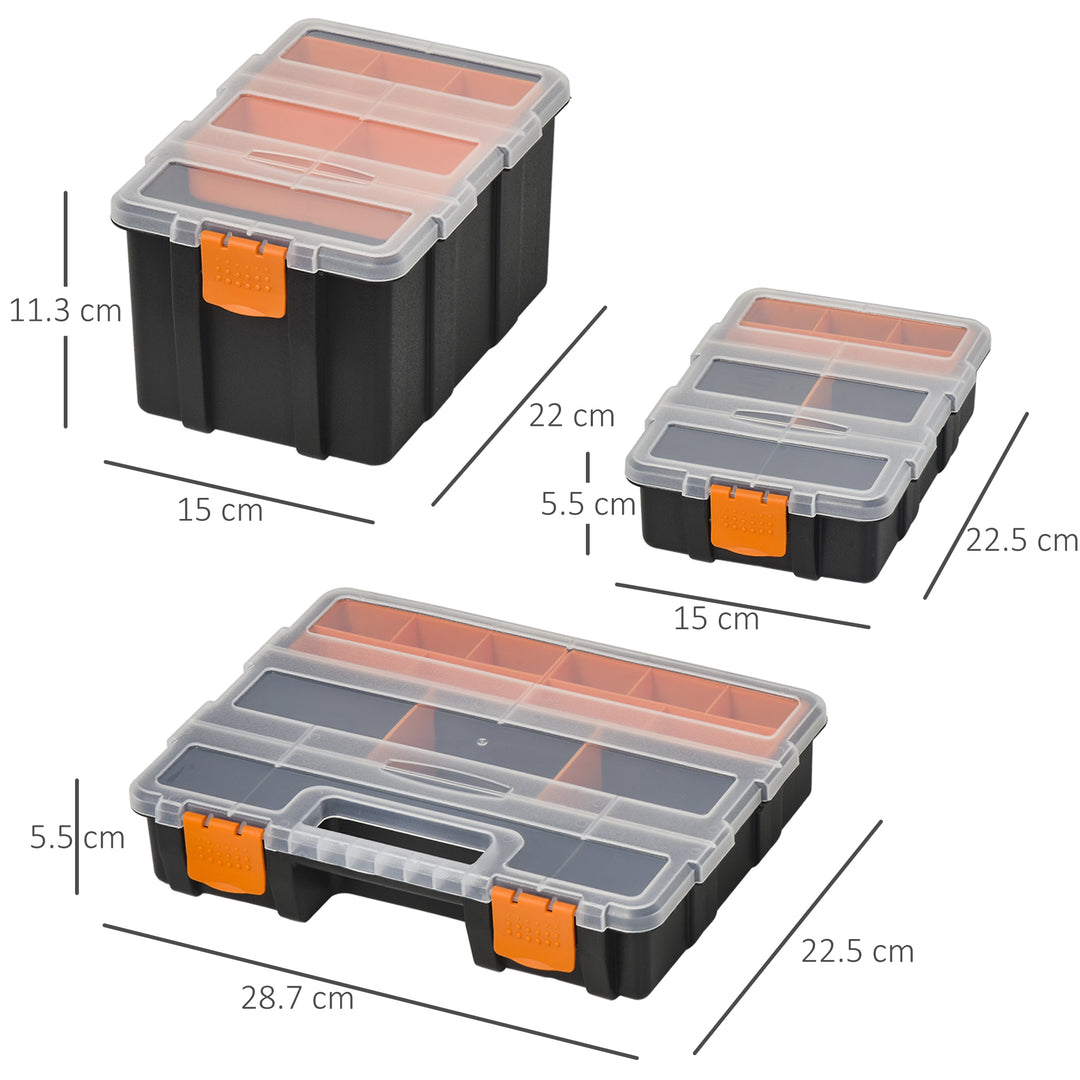 Set Of 4 Plastic DIY Tool Storage Boxes w/ Inside Dividers Locking Lids Home Garage Organisation Stacking Arts Crafts Bolts Black Orange