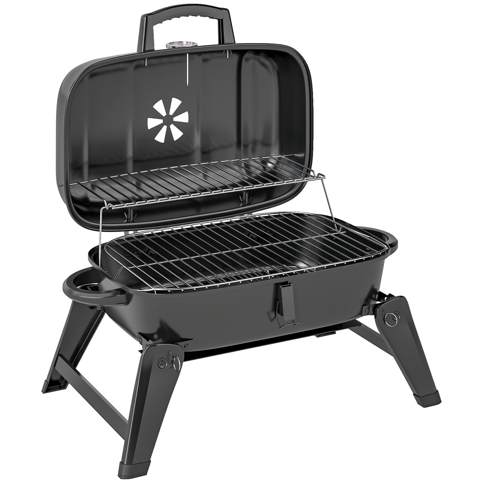 Charcoal Barbecue Grill Folding BBQ Grill with 1232 cm² Cooking Area, Adjustable Vent, Thermometer, Handles for Camping Picnic, Black