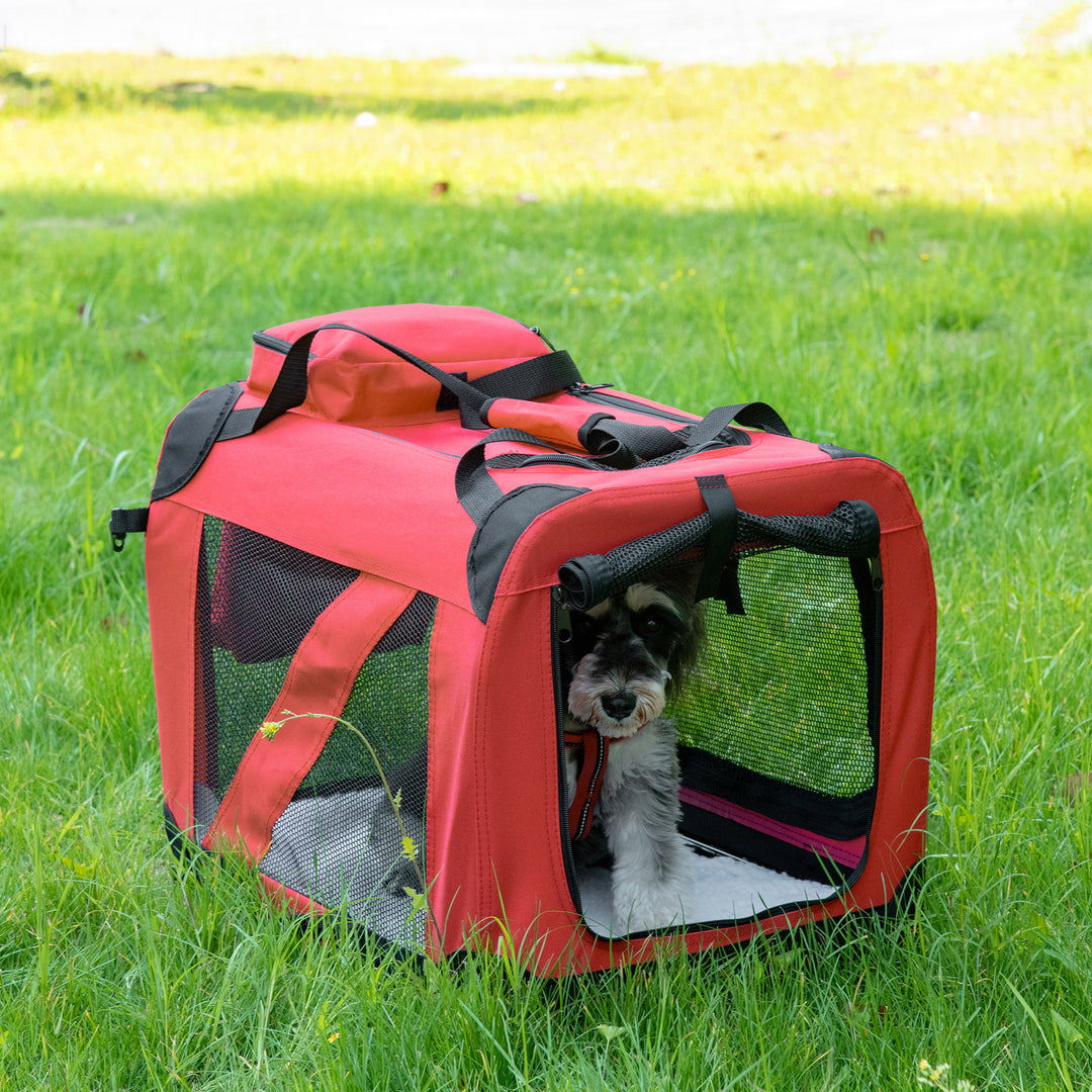 MCL Foldable Pet Carrier for Small and Miniature Dogs, Portable Cat Carrier Soft Side Pet Travel Crate with Removable Mat, Storage Bags, Breathable Mesh Window 60 x 42 x 42cm - Red