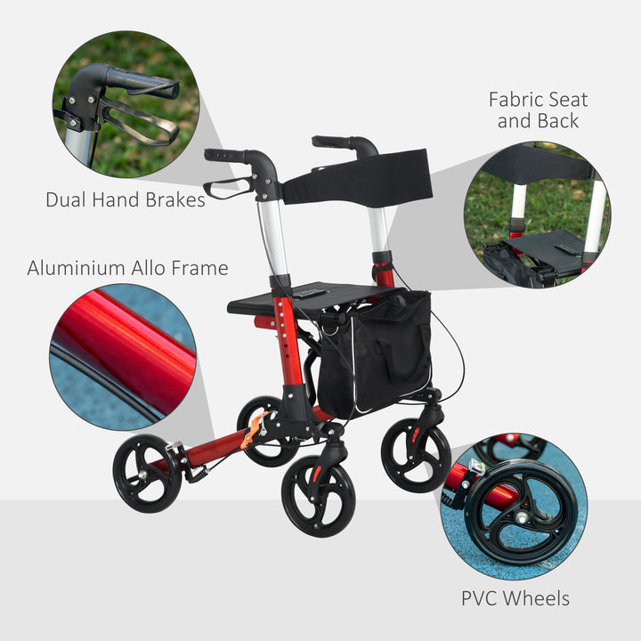 HOMCOM Folding Rollator Walker w/ Seat & Backrest, Lightweight Walking Frame w/ Adjustable Handle Height, 4 Wheeled Walker, Red | Aosom UK