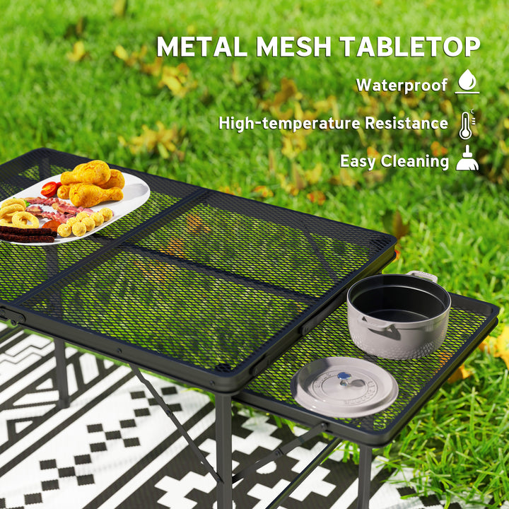Folding Grill Table, 4.5ft Portable Camping Table with 2 Wing Panels, Height Adjustable Metal Picnic Table for Camping, Picnic and BBQ, Black