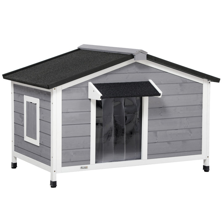 PawHut Large Wooden Dog Kennel Elevated Dog Kennels for Outside, w/ Openable Top, Asphalt Roof, Removable Tray, Adjustable Leg, Grey | Aosom UK