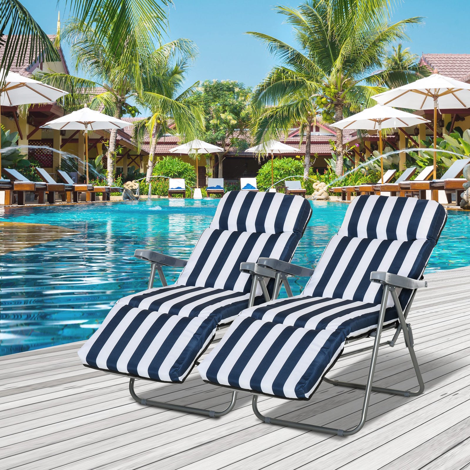 2Pc Folding Sun Loungers Set-Blue/White