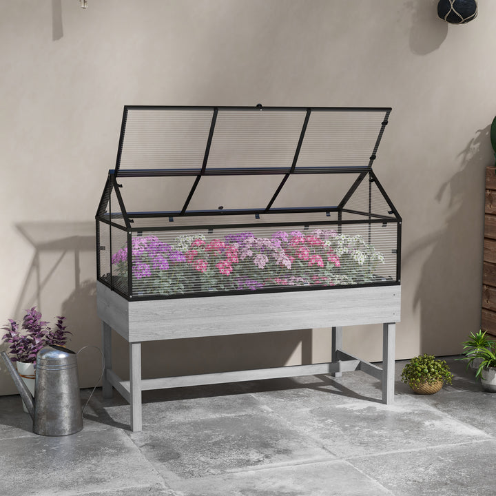 Outsunny Elevated Wood Planter with Mini Greenhouse Raised Garden Bed with PC Panel Top Vent 120 x 60 x 103cm Distressed Grey