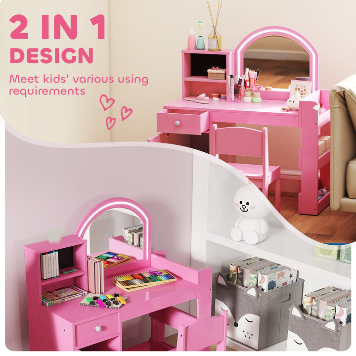 MCL Kids Vanity Table and Chair Set, Girls Dressing Table with 2-Colour LED Mirror, Stool, Cabinet, Drawer, Shelves, Pink