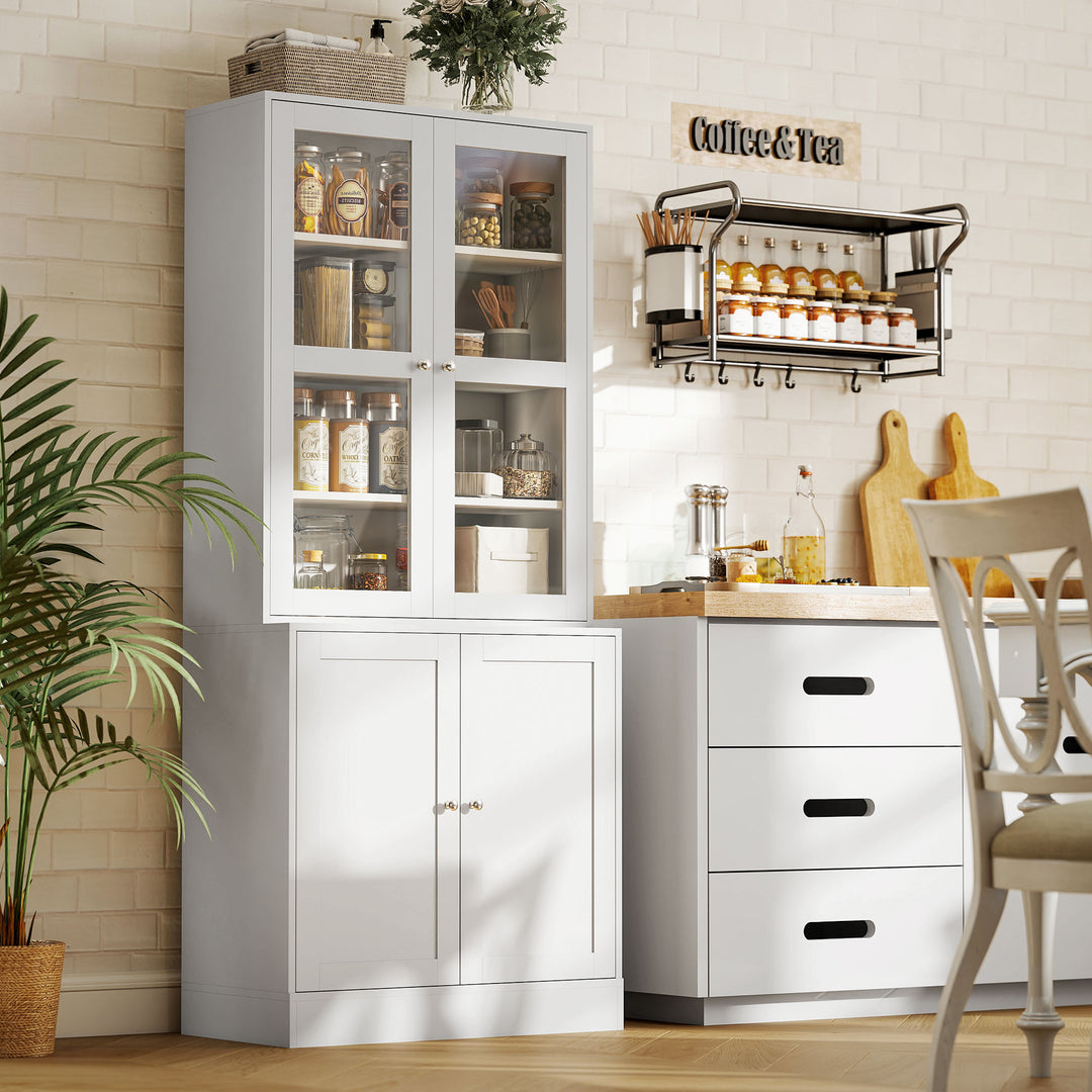 Modern Bookcase with Glass Doors, Display Storage Cabinet with Adjustable Shelves for Living Room, Study, Home Office, Kitchen Cupboard with Small Open Counter, White