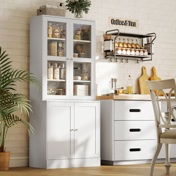 Modern Bookcase with Glass Doors, Display Storage Cabinet with Adjustable Shelves for Living Room, Study, Home Office, Kitchen Cupboard with Small Open Counter, White