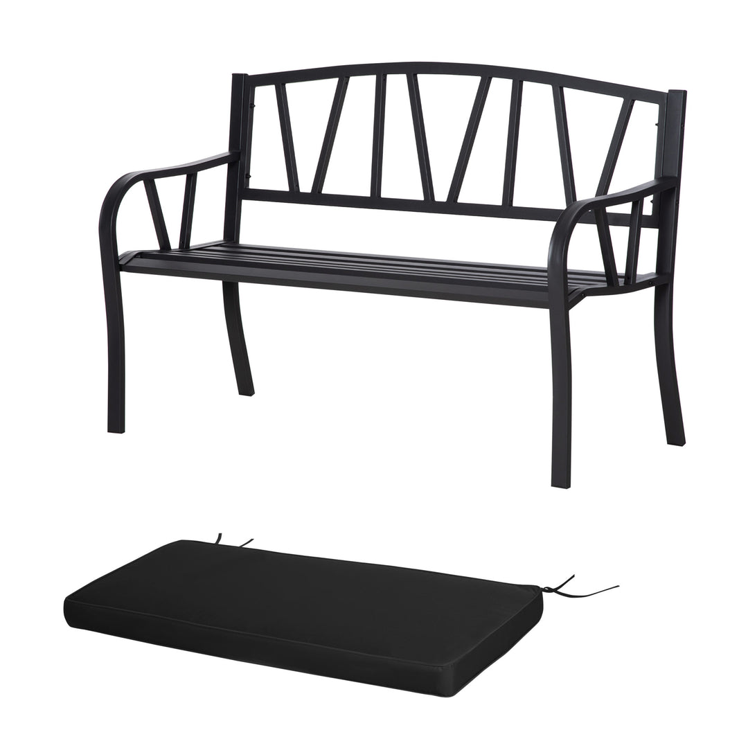 2-Seater Garden Bench with Cushion, Metal Loveseat, Slatted Outdoor Park Chair with Decorative Backrest and Armrest, Black