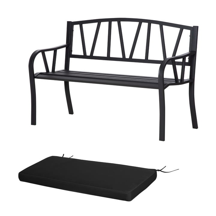2-Seater Garden Bench with Cushion, Metal Loveseat, Slatted Outdoor Park Chair with Decorative Backrest and Armrest, Black