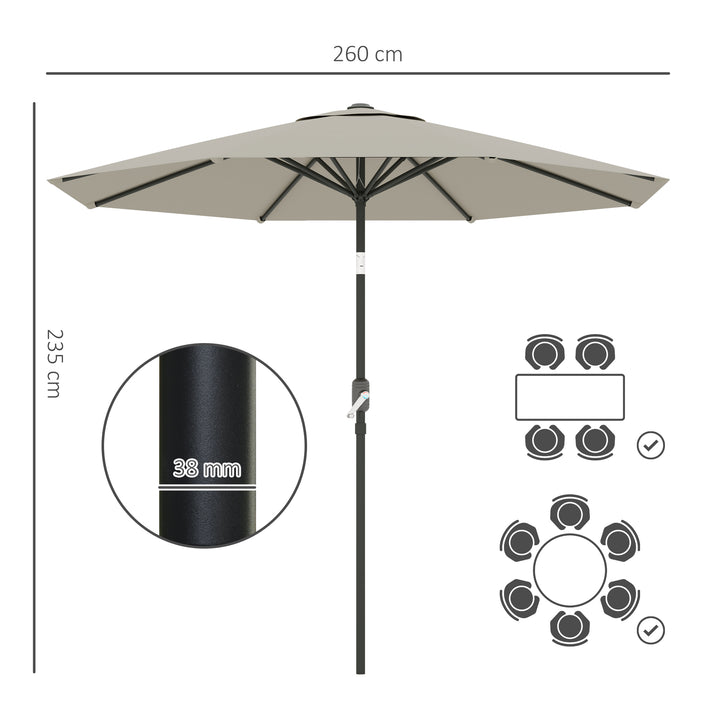2.6M Garden Parasol Umbrella with Tilt and Crank, Outdoor Sun Parasol Sunshade Shelter with Aluminium Frame, Light Grey
