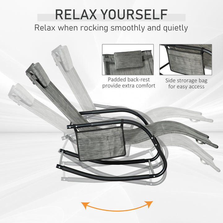 MCL Outdoor Garden Rocking Chair, Patio Sun Lounger Rocker Chair with Breathable Mesh Fabric, Removable Headrest Pillow, Armrest, Side Storage Bag, Dark Grey