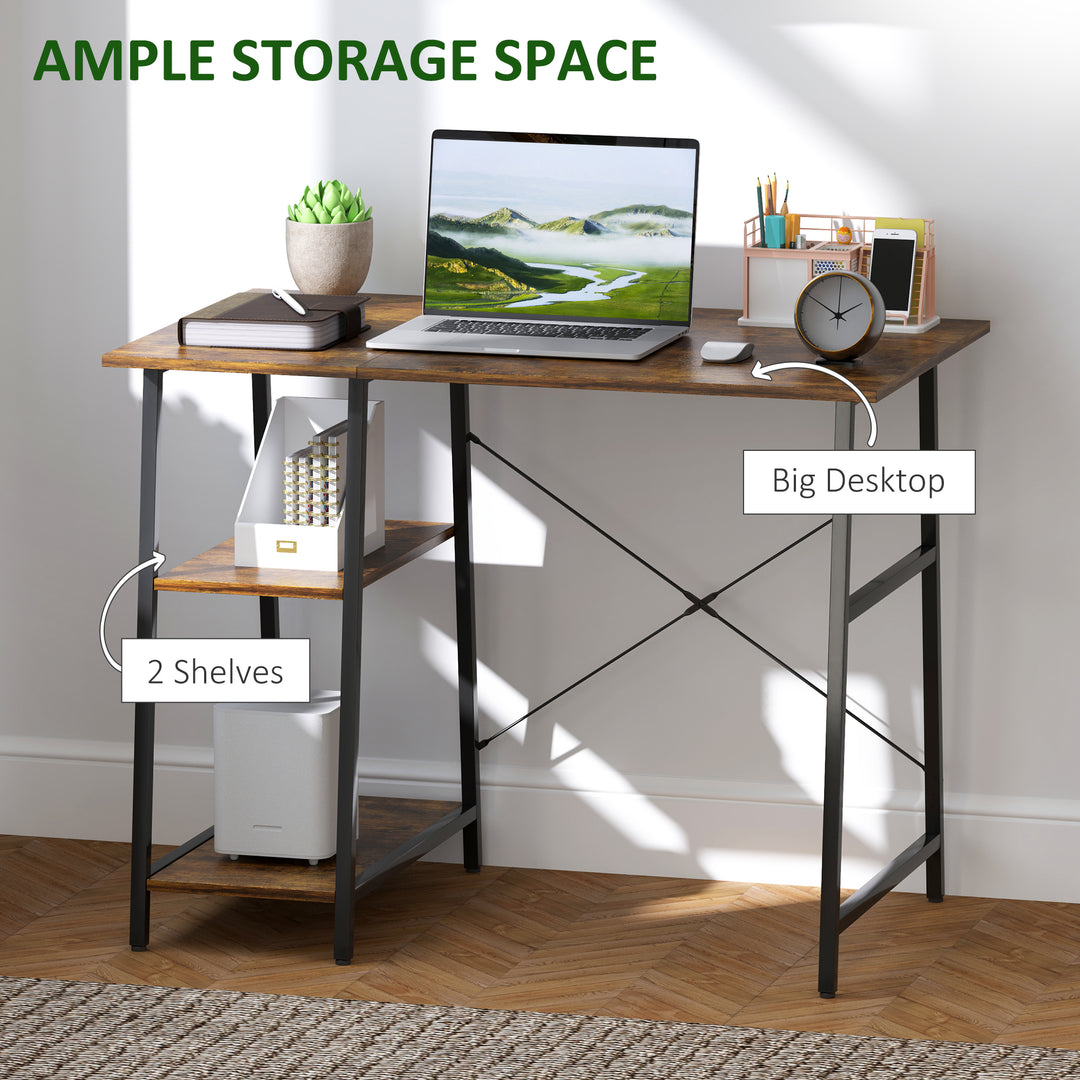 100cm Computer Desk with Storage, Industrial Home Office Desk with 2 Tier Shelves and Steel Frame, Computer Table for Study Room, Rustic Brown
