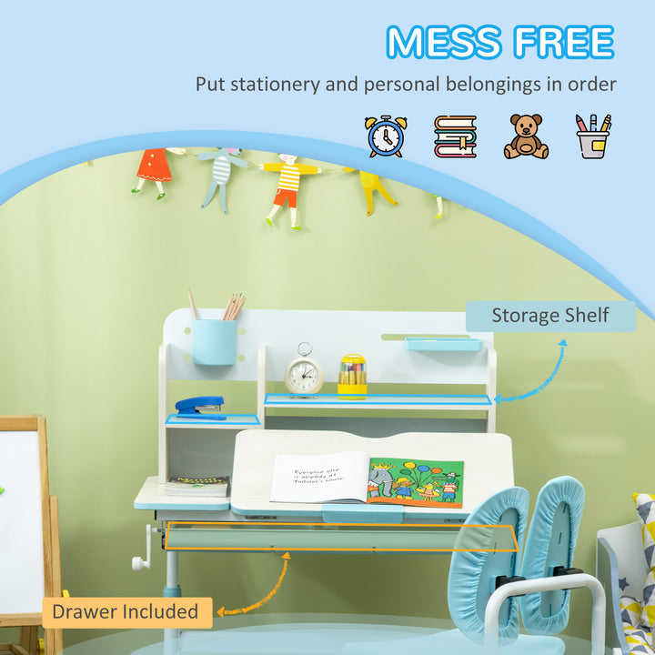 Kids Desk and Chair Set, with Storage Shelves, Washable Cover, for Ages 3-12 Years - Blue