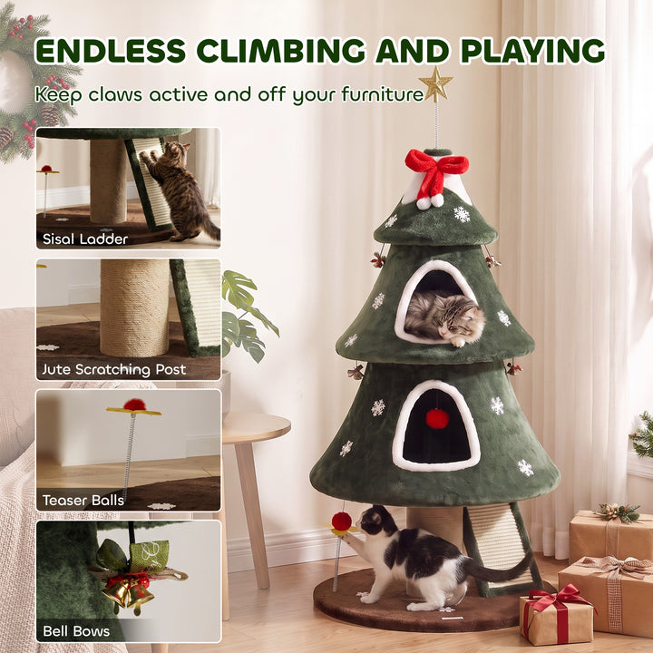 Cat Tree, Christmas Cat Tower with Dual Condos, Sisal Ladder, Jute Pos