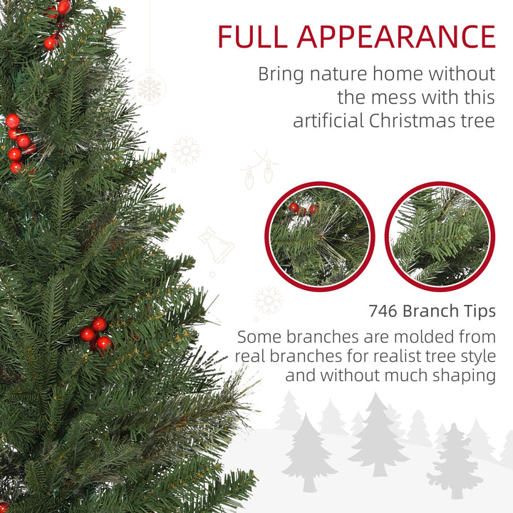 7ft Pencil Artificial Christmas Tree with Realistic Branches, Red Berries, Auto Open, Green