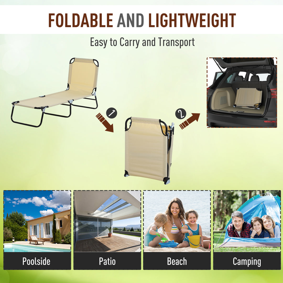 2 Piece Foldable Sun Loungers with 5-Position Adjustable Backrest, Outdoor Portable Recliner Chaise Lounge Chairs with Breathable Mesh Fabric, Beige