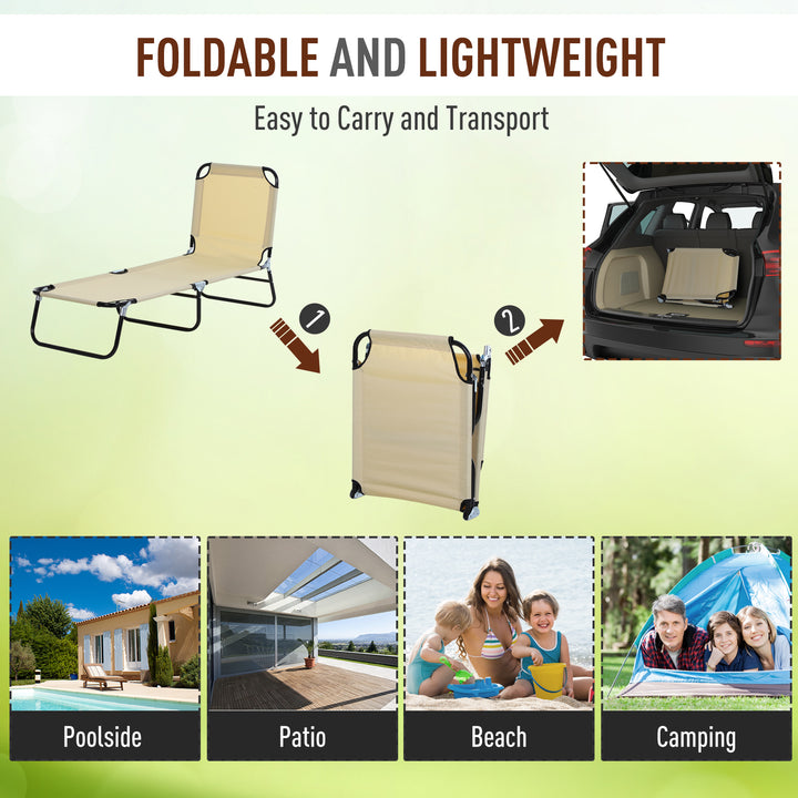2 Piece Foldable Sun Loungers with 5-Position Adjustable Backrest, Outdoor Portable Recliner Chaise Lounge Chairs with Breathable Mesh Fabric, Beige