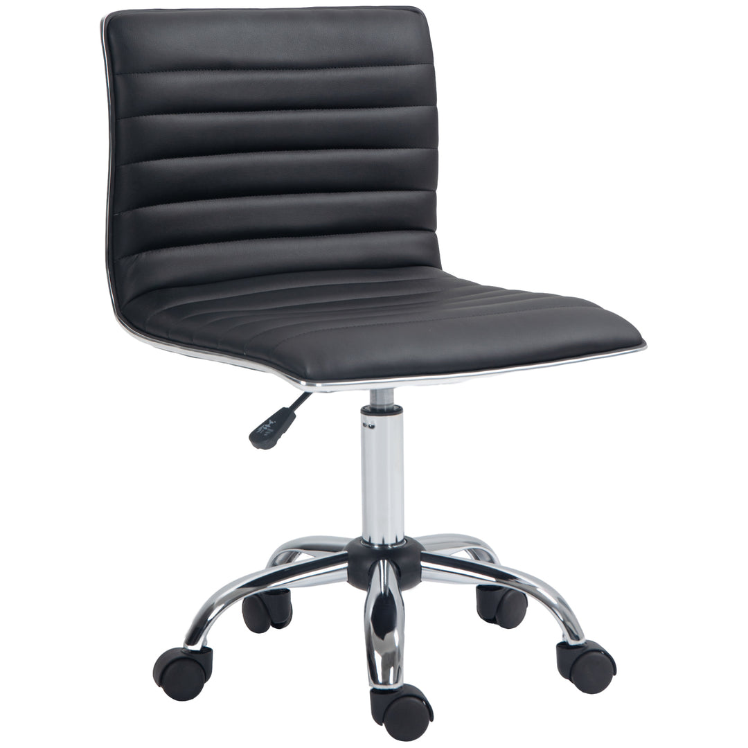 Armless Task Desk Chair, Swivel Office Chair with Faux Leather, Adjustable Seat Height, Chrome Base, Wheels for Home, Black