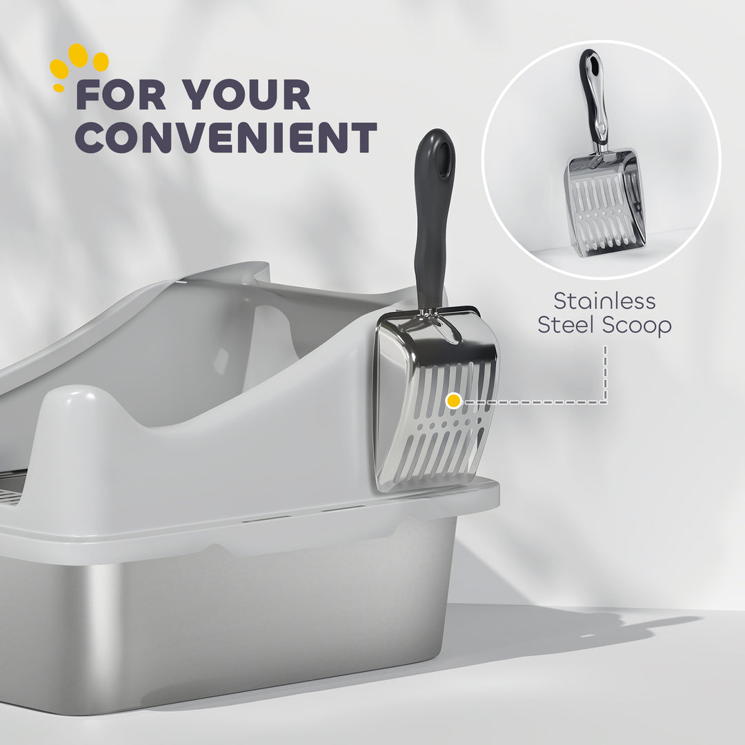 Stainless Steel Cat Litter Box with High Sides, Metal Scoop, 43 x 33 x 25 cm