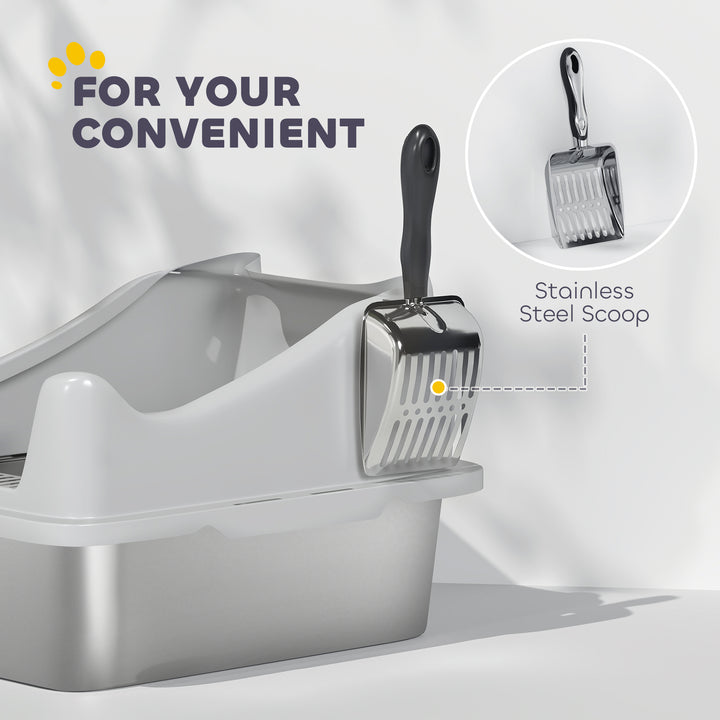 Stainless Steel Cat Litter Box with High Sides, Metal Scoop, 43 x 33 x 25 cm