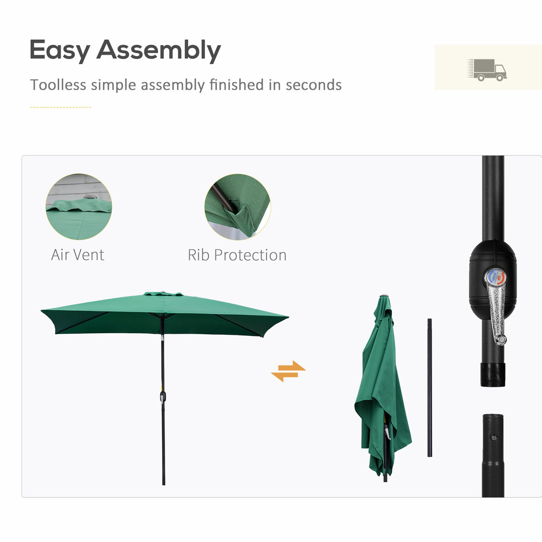 3x2m Patio Parasol Garden Umbrellas Canopy with Aluminium Tilt Crank Rectangular Sun Shade Steel, Green