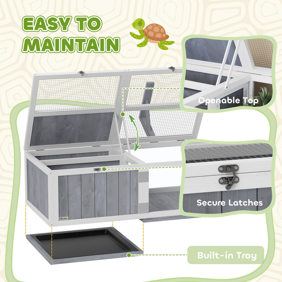 Wooden Tortoise House with Lamp Holder, Clear Windows, Openable Tops, Built-In Tray, Light Grey