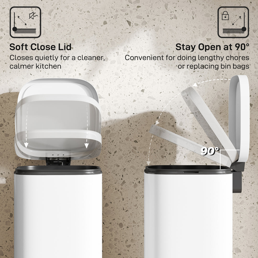 MCL 30L Kitchen Bin, Compact Pedal Bin with Soft-Close and Stay-Open Lid, Removable Bucket for Kitchen, Home, Office, White