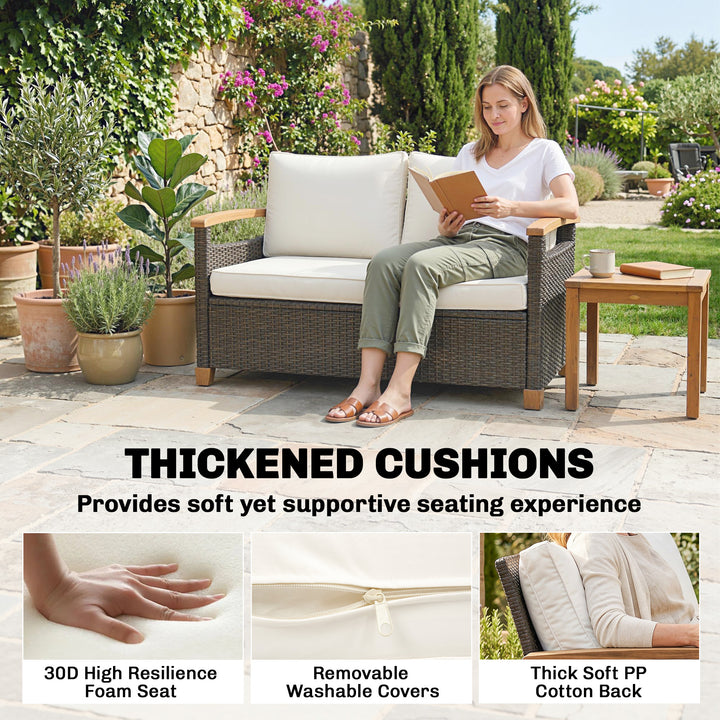 2 Seater Rattan Garden Sofa, Outdoor Sofa with Thickened Cushions and 