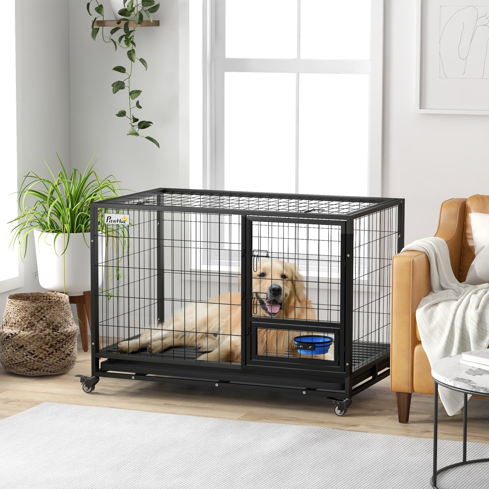 Heavy Duty Dog Crate on Wheels w/ Bowl Holder, Removable Tray, Openable Top, Detachable Door, for L, XL Dogs