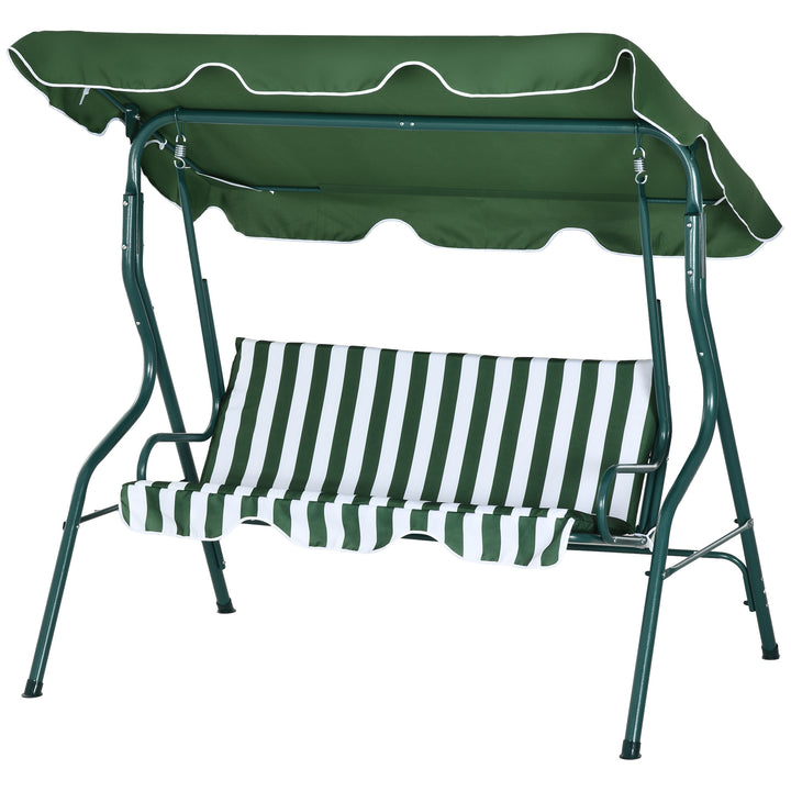 Outsunny Waterproof 3 Seater Garden Swing Seat Chair Outdoor Bench with Adjustable Canopy and Metal Frame, Green Stripes | Aosom UK