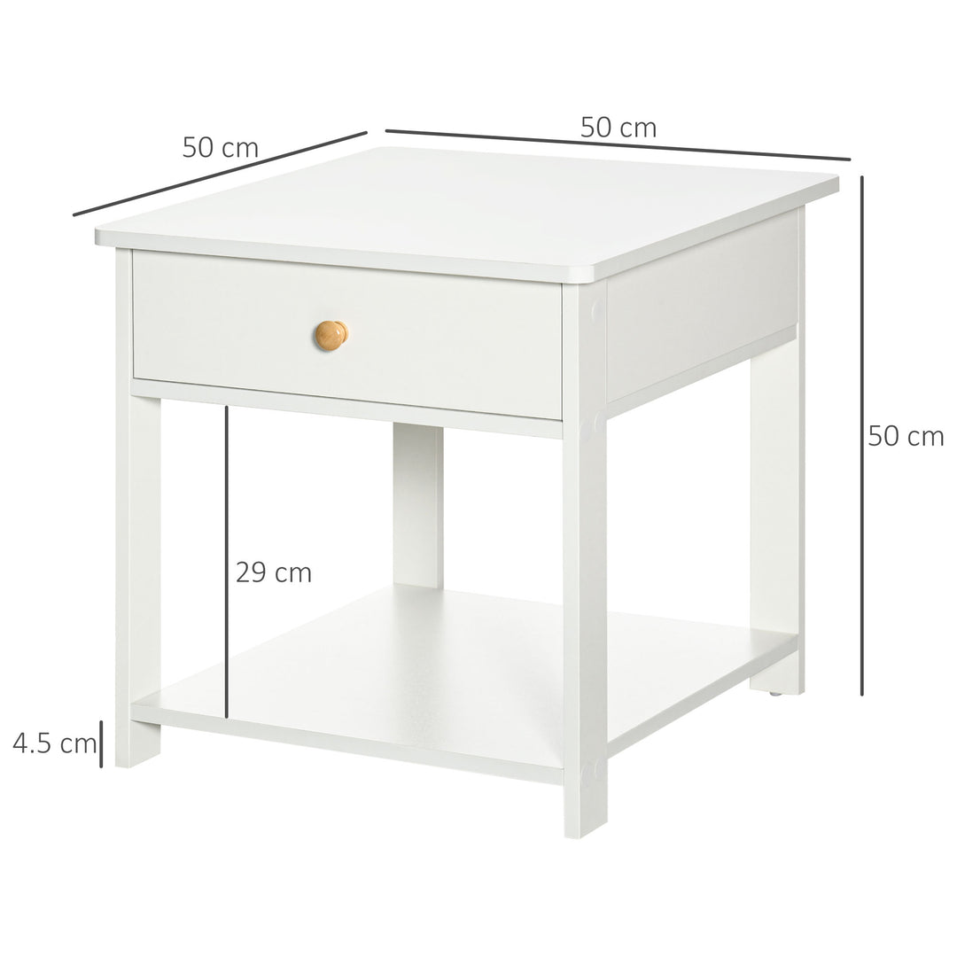 HOMCOM Bedside Table with Drawer and Bottom Shelf, Square Side End Table for Bedroom, Living Room, White