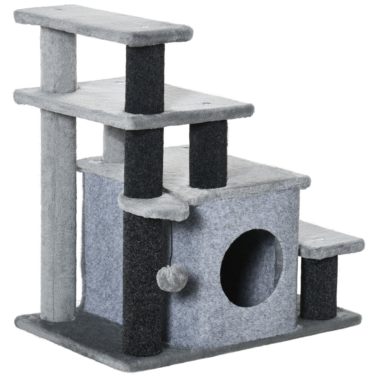 Adjustable Cat Steps, with House & Hanging Toy Ball - Grey