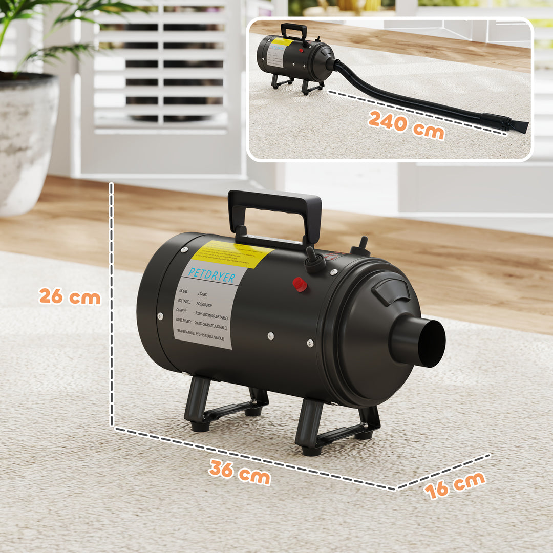2200W Dog Hair Dryer with Adjustable Temperature & Velocity, 3 Different Nozzles, Black