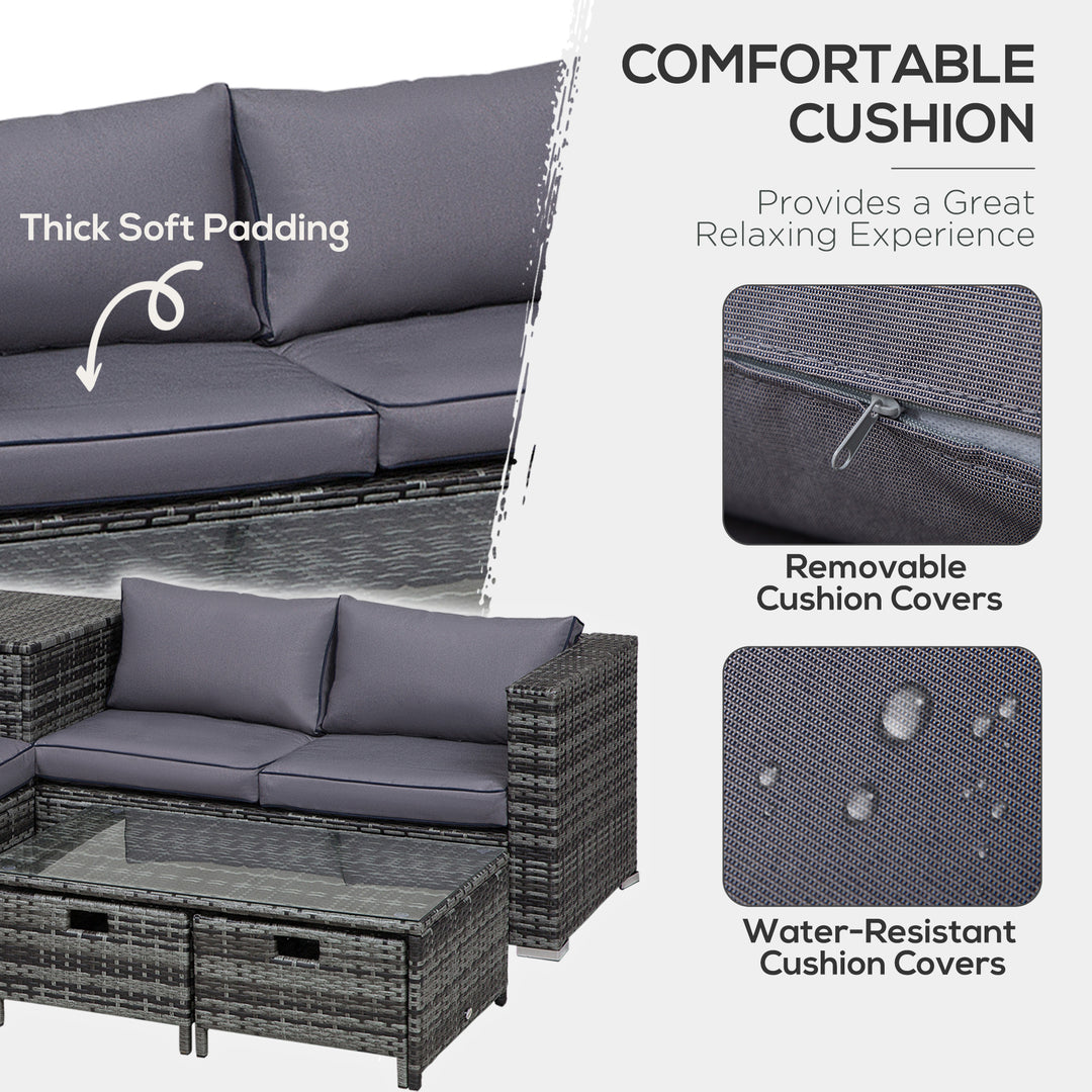 4 Pcs Rattan Wicker Garden Furniture Patio Sofa Storage & Table Set w/ 2 Drawers Coffee Table,Great Cushioned 4 Seats Corner Sofa - Grey