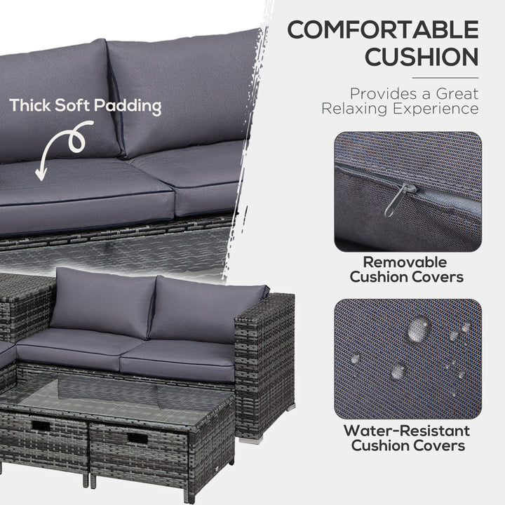 4 Pcs Rattan Wicker Garden Furniture Patio Sofa Storage & Table Set w/ 2 Drawers Coffee Table,Great Cushioned 4 Seats Corner Sofa - Grey