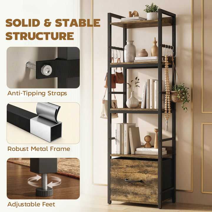 4-Tier Bookshelf, Narrow Bookcase with Drawer, 8 Hooks, Metal Frame, R