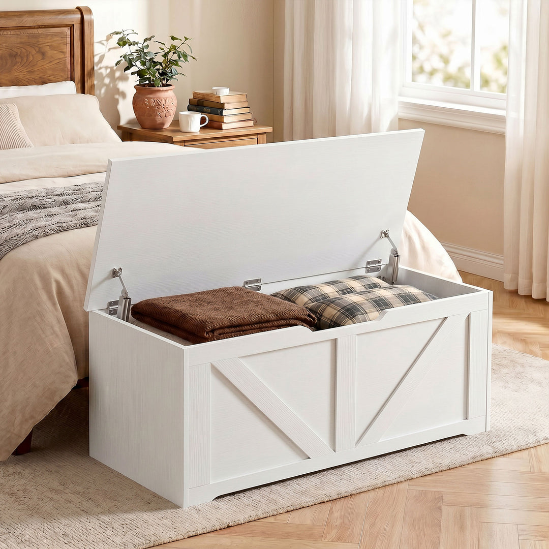 127L Home Storage Box, with Safety Hinges - White Wood-Effect