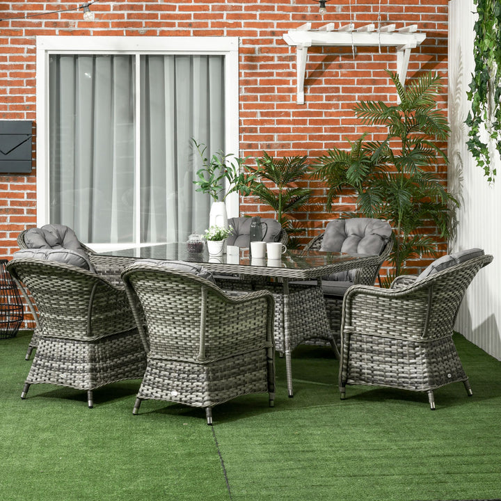 Outsunny 7 Pieces PE Rattan Dining Set Furniture Patio Wicker Furniture with Tempered Glass Table Top, Umbrella Hole and Cushions, Grey