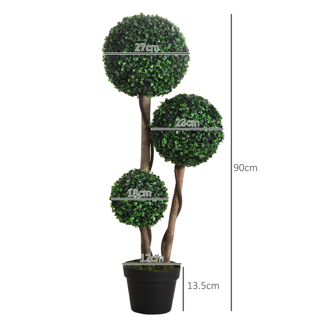 Decorative Artificial Tree Boxwood Ball Topiary Tree in Pot Fake Plant for Home Indoor Outdoor Decor, 90 cm, Dark Green