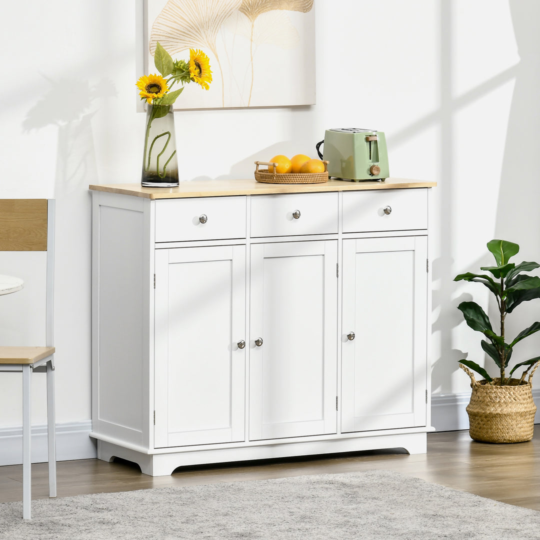 Sideboard with Rubber Wood Top, Modern Storage Cabinet, Kitchen Cupboard with 3 Doors, 3 Drawers and 3 Adjustable Shelves for Dining Room, Living Room, White