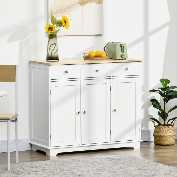 Sideboard with Rubber Wood Top, Modern Storage Cabinet, Kitchen Cupboard with 3 Doors, 3 Drawers and 3 Adjustable Shelves for Dining Room, Living Room, White