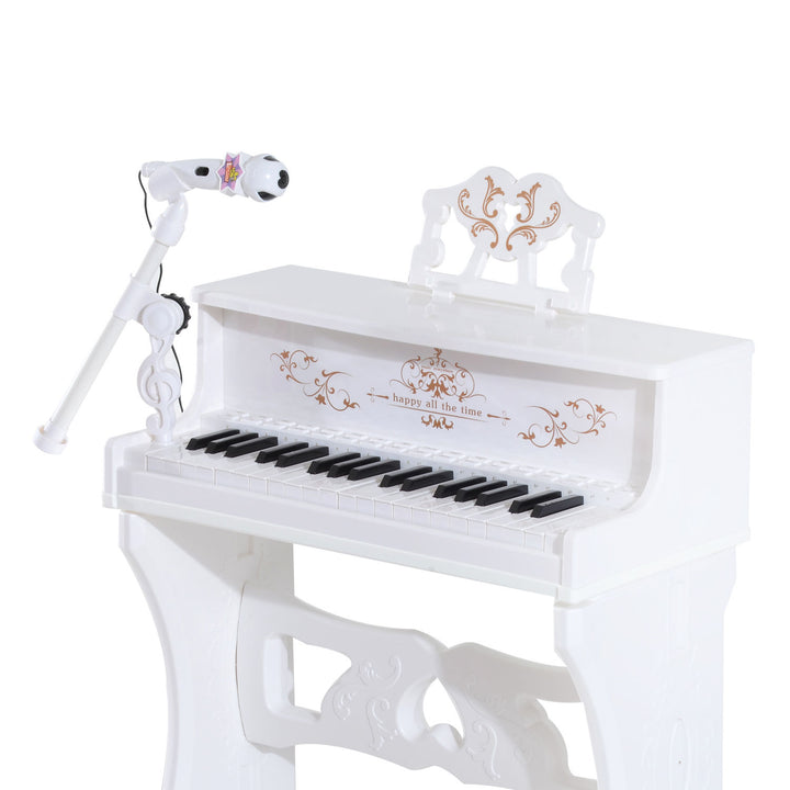 37 Keys Kids Piano Mini Electronic Keyboard Light Kids Musical Instrument Educational Game Children Grand Piano Toy Set w/Stool & Microphone & Music Stand (White)