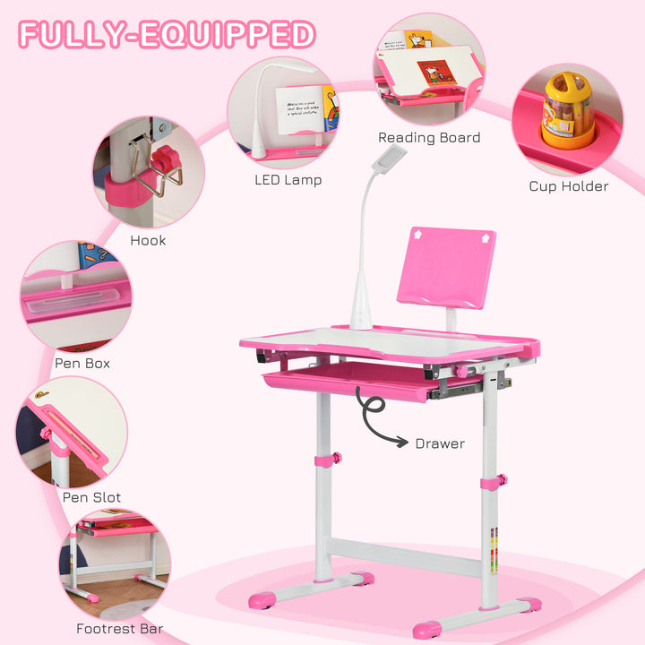 HOMCOM Kids Desk and Chair Set, Height Adjustable Study Desk with USB Lamp, Storage Drawer for Study, Pink and White