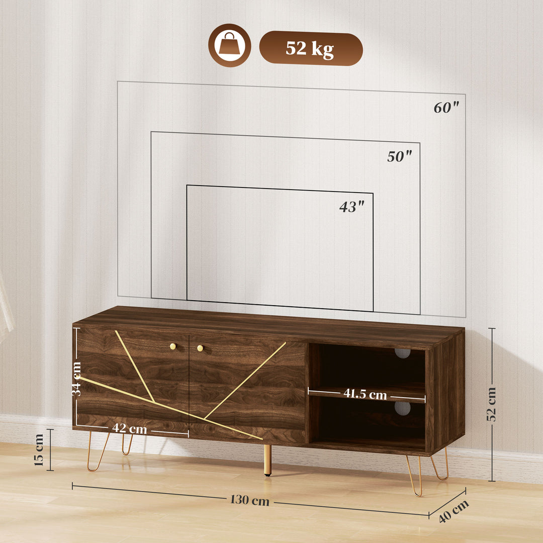 TV Stand Cabinet for up to 60 Inch TV, Modern 130cm TV Unit with Adjustable Shelves and Hairpin Legs, Double Door TV Cabinet for Living Room, Bedroom, Brown