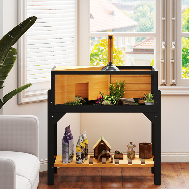 Wooden Tortoise House with Storage Shelf, Clear Observation Windows, Lamp Holder, Openable Top, Built-in Tray, Yellow