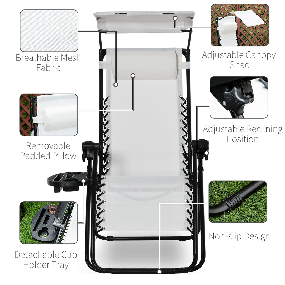 MCL Zero Gravity Garden Folding Patio Sun Lounger w/Cup Holder & Canopy Shade White